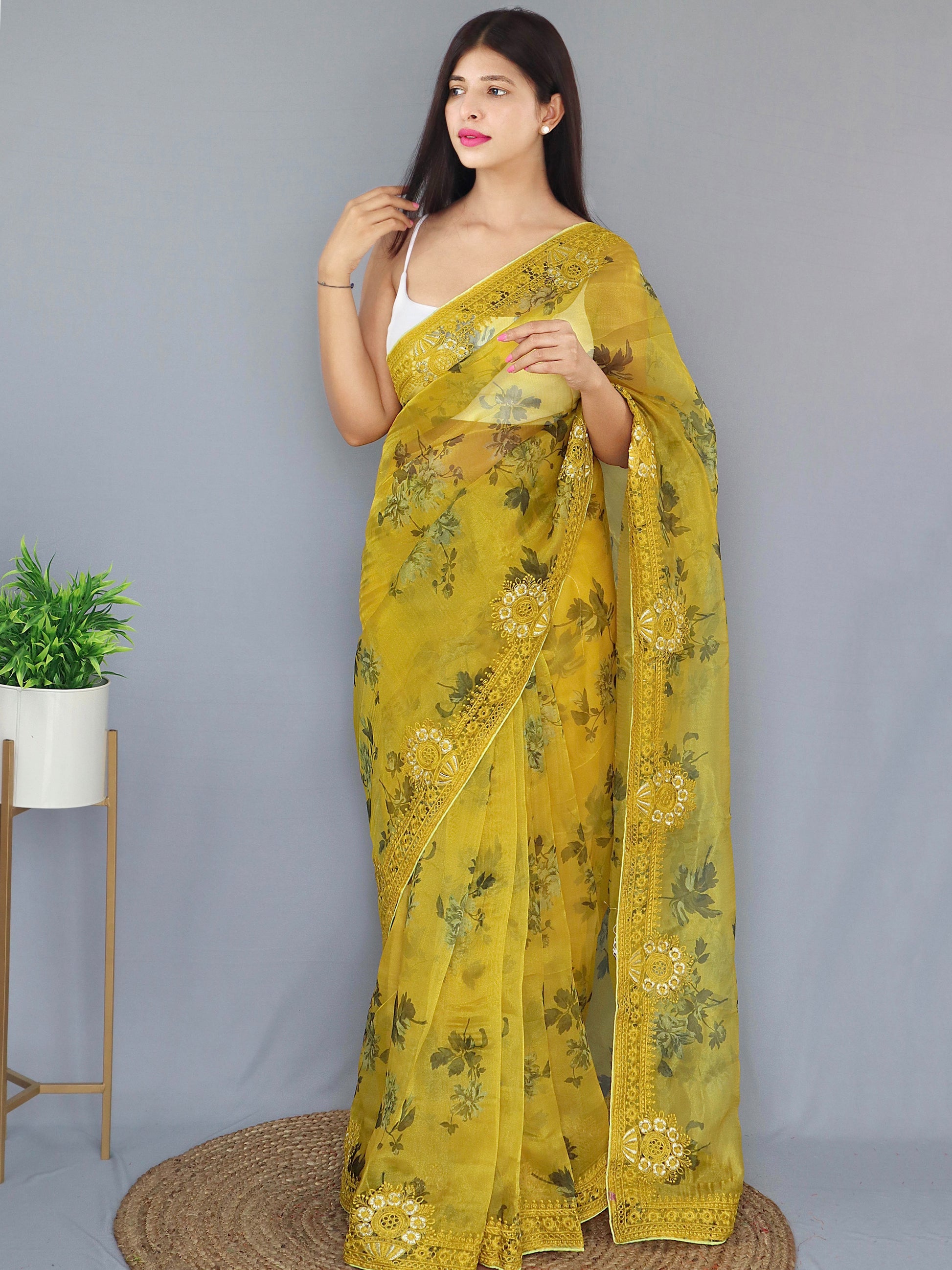 Buy MySilkLove Ronchi Yellow Organza Digital Floral Printed Saree Online