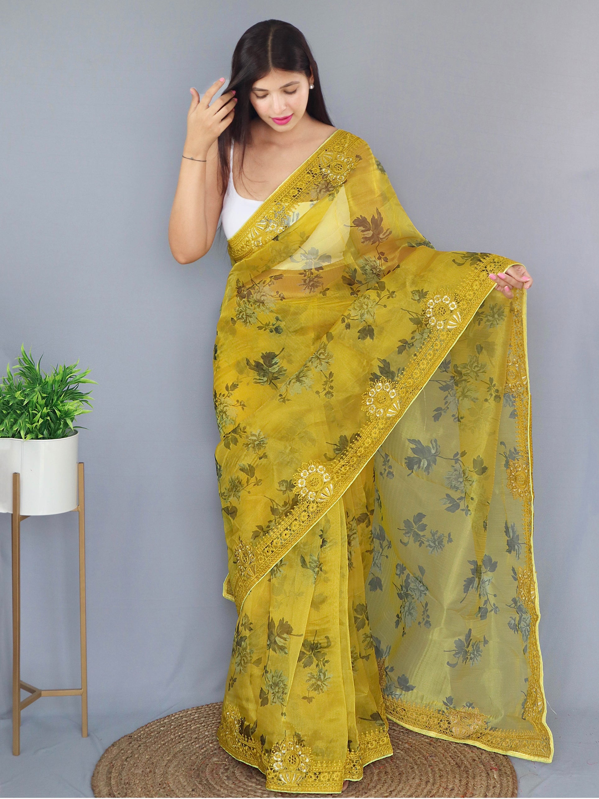 MySilkLove Ronchi Yellow Organza Digital Floral Printed Saree