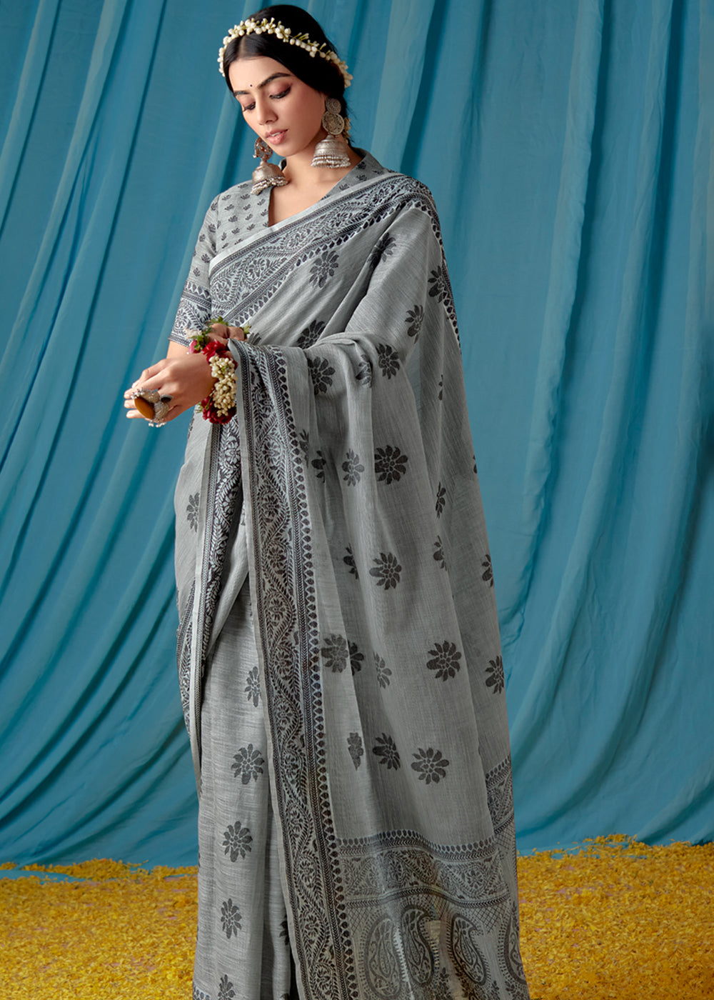 Buy MySilkLove Willow Grove Grey Woven Banarasi Linen Silk Saree Online