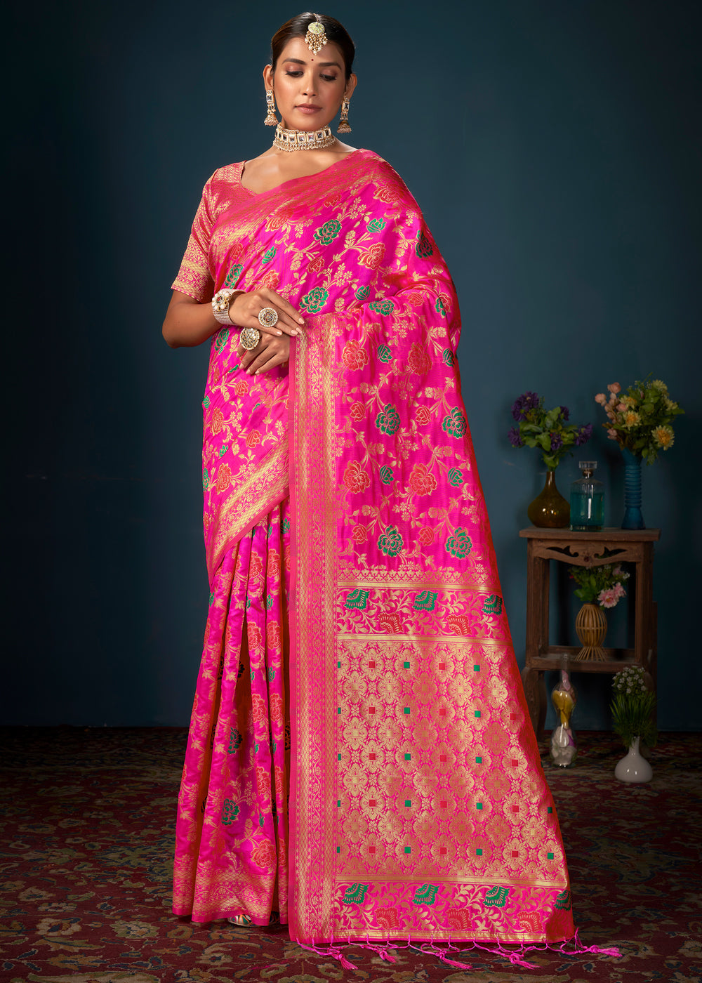 Buy MySilkLove Wild Strawberry Pink Woven Banarasi Silk Saree Online