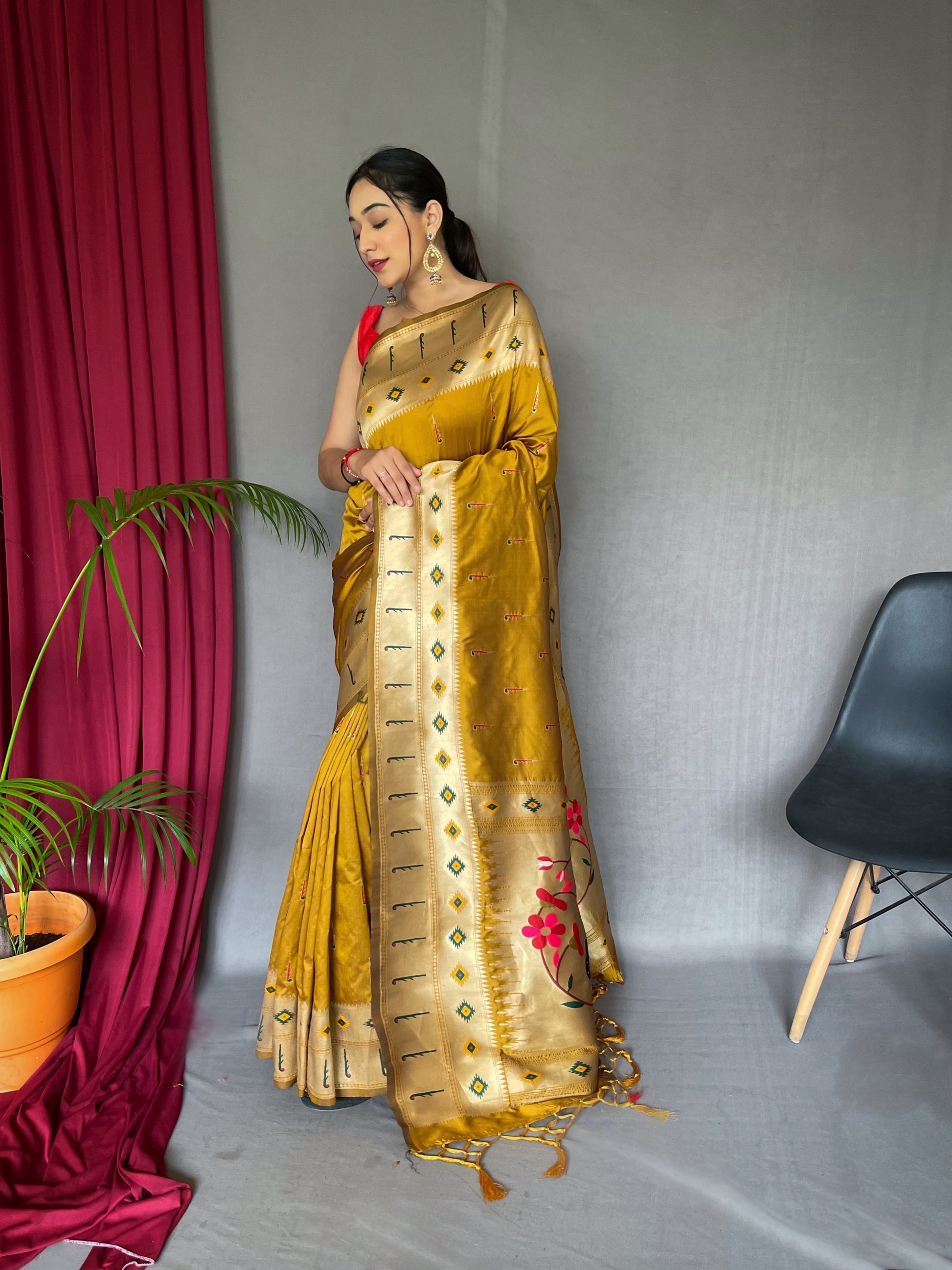 Buy MySilkLove Flax Yellow Muniya Paithani Woven Silk Saree Online