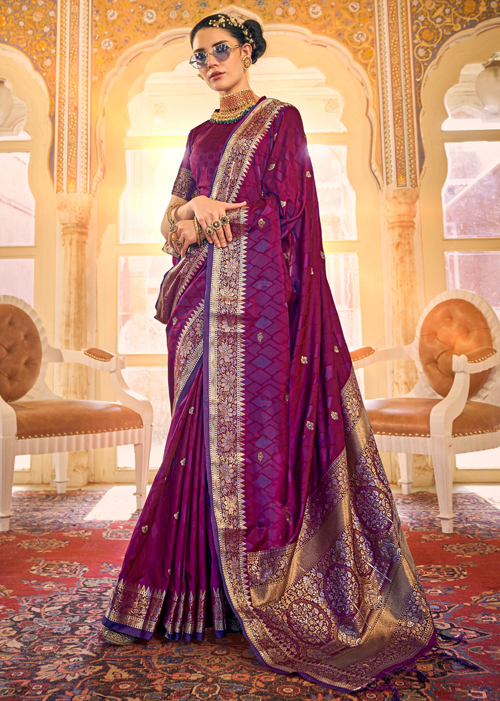 Buy MySilkLove Mulberry Wood Purple Woven Banarasi Satin Silk Saree Online
