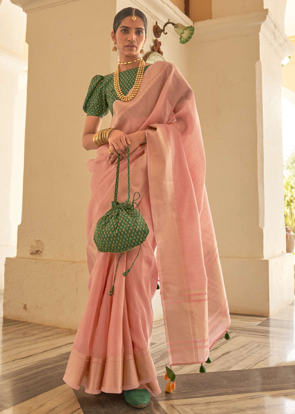 Buy MySilkLove Wax Flower Pink and Green Organza Silk Saree Online