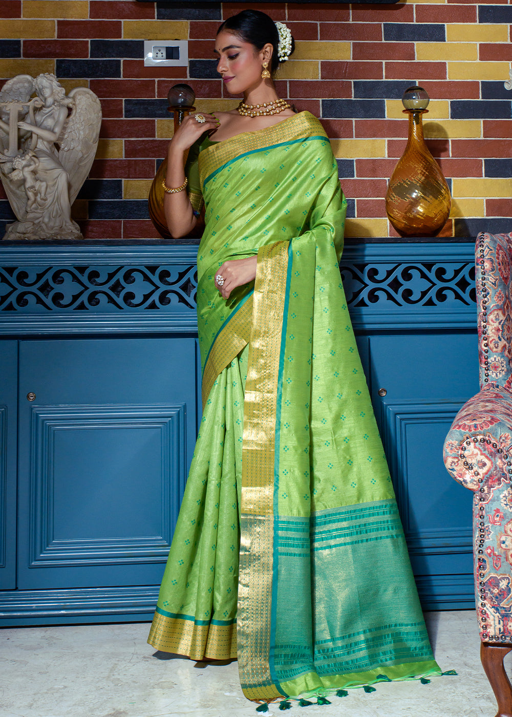 Buy MySilkLove Mantis Green Woven Raw Silk Saree Online