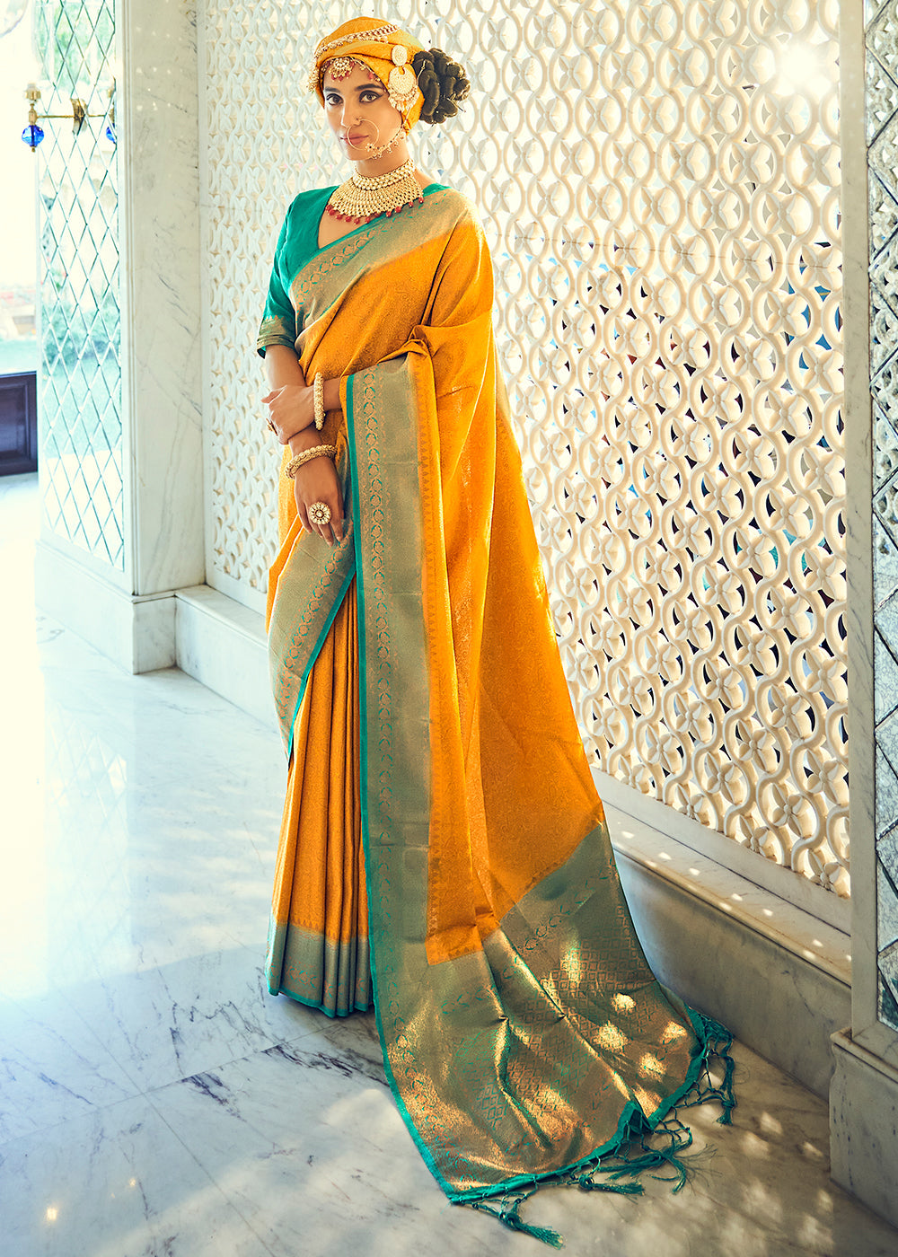 Buy MySilkLove Sunglow Yellow and Green Woven Kanjivaram Silk Saree Online