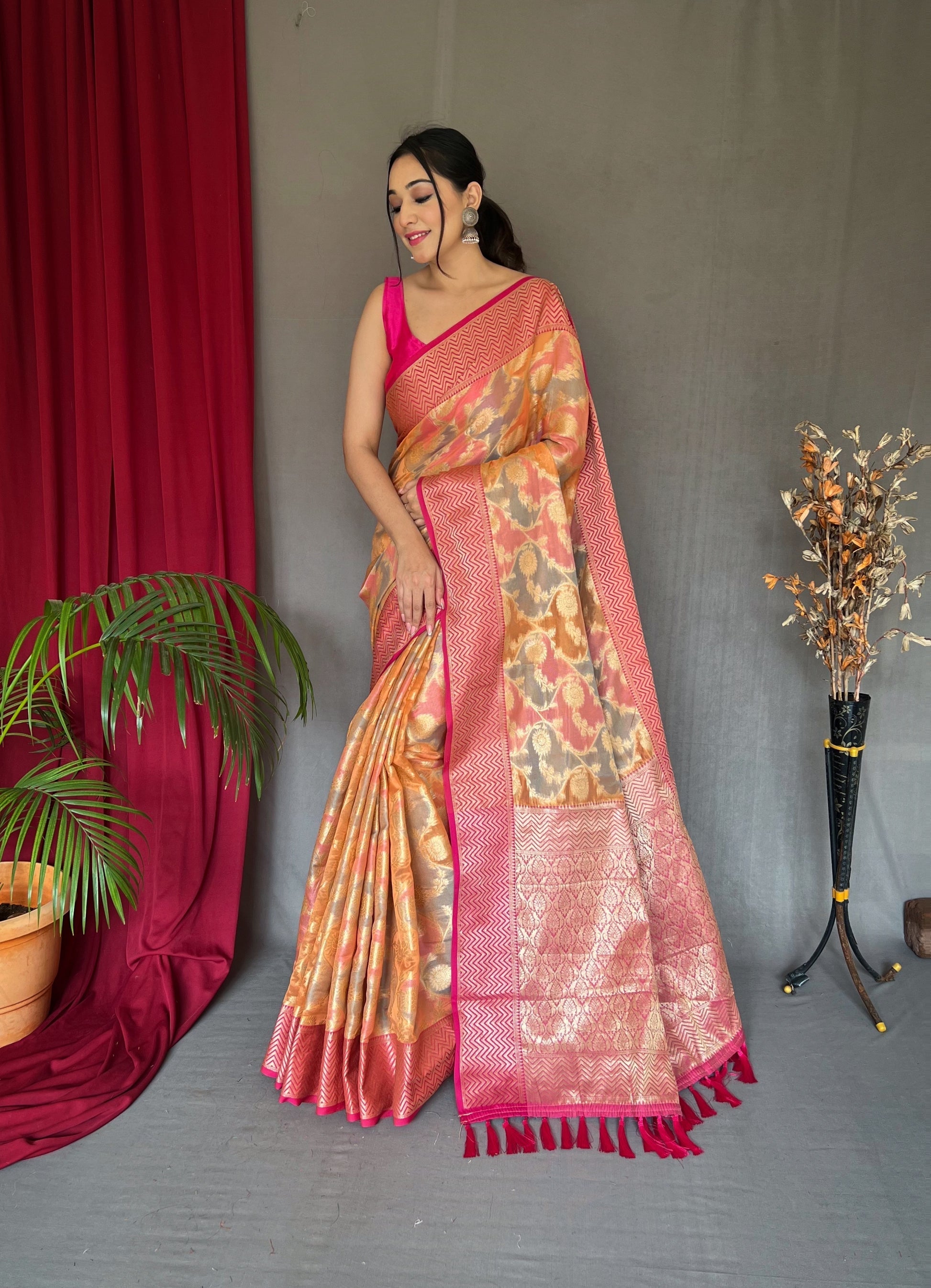 Buy MySilkLove Melon Pink and Orange Woven Organza Silk Saree Online