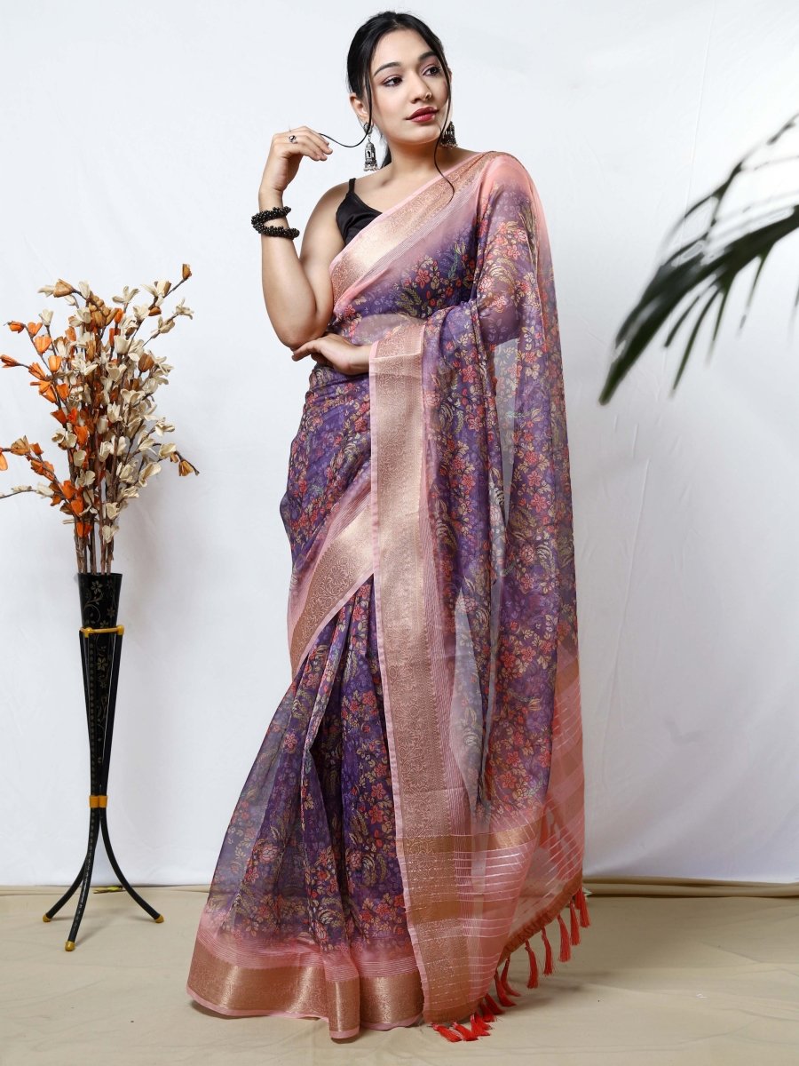 Buy MySilkLove Melanie Lavender Organza Kalamkari Printed with Sequins Jacquard Woven Saree Online