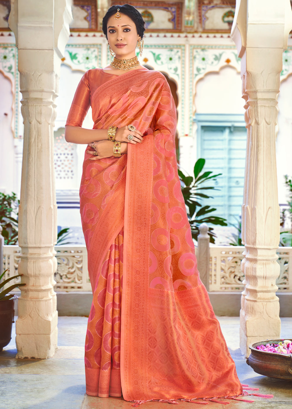 Buy MySilkLove Bittersweet Peach Woven Banarasi Organza Silk Saree Online