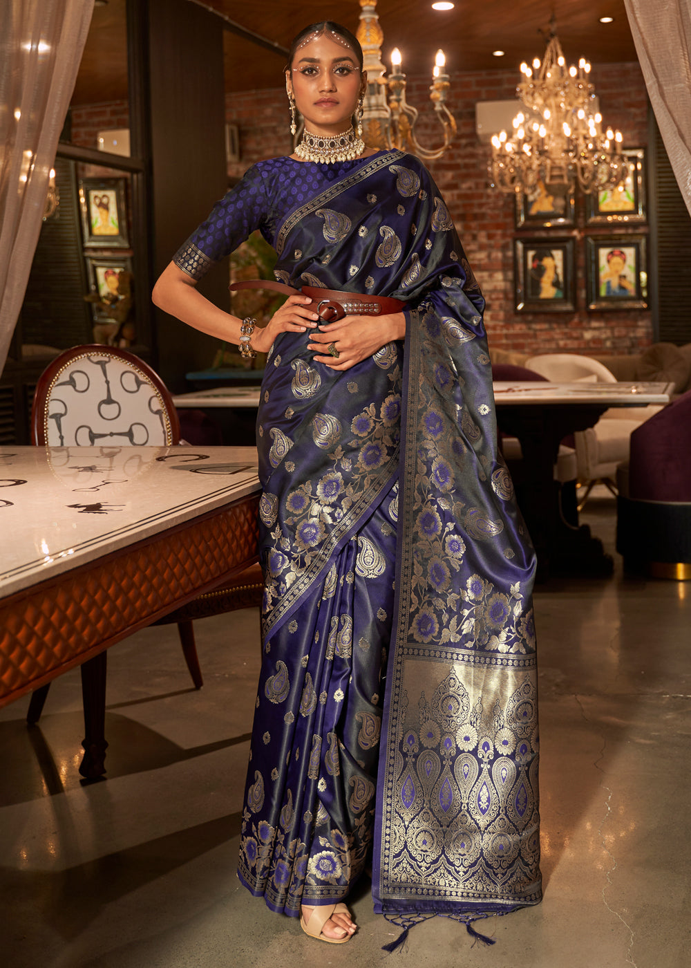 Buy MySilkLove Mulled Wine Blue Banarasi Woven Satin Silk Saree Online