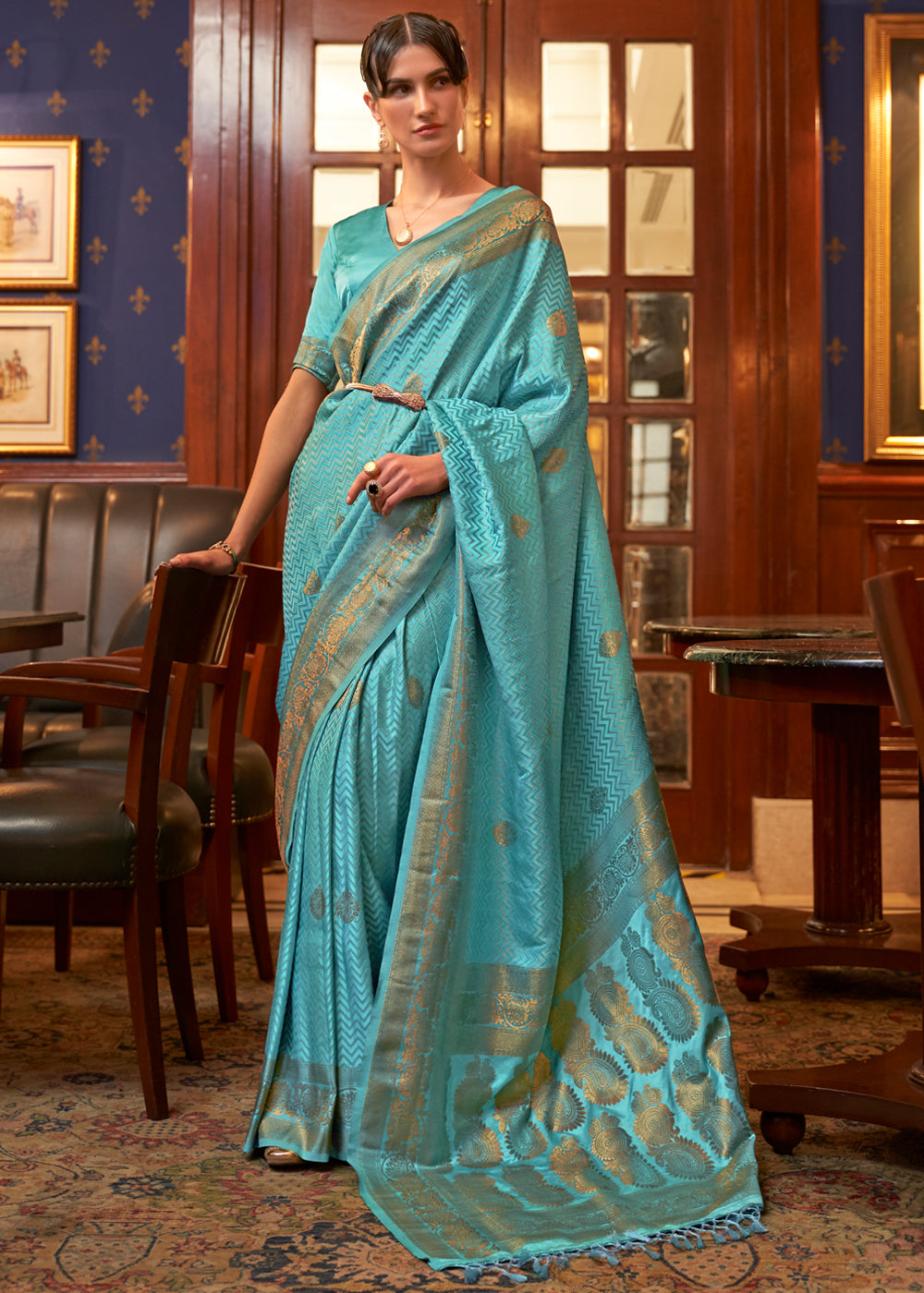 Buy MySilkLove Downy Blue Woven Banarasi Silk Saree Online