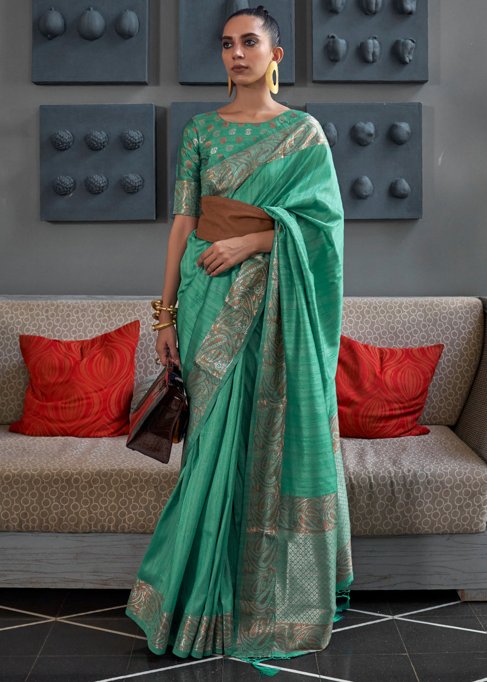 Buy MySilkLove Eucalyptus Green Woven Brocade Tussar Silk Saree Online