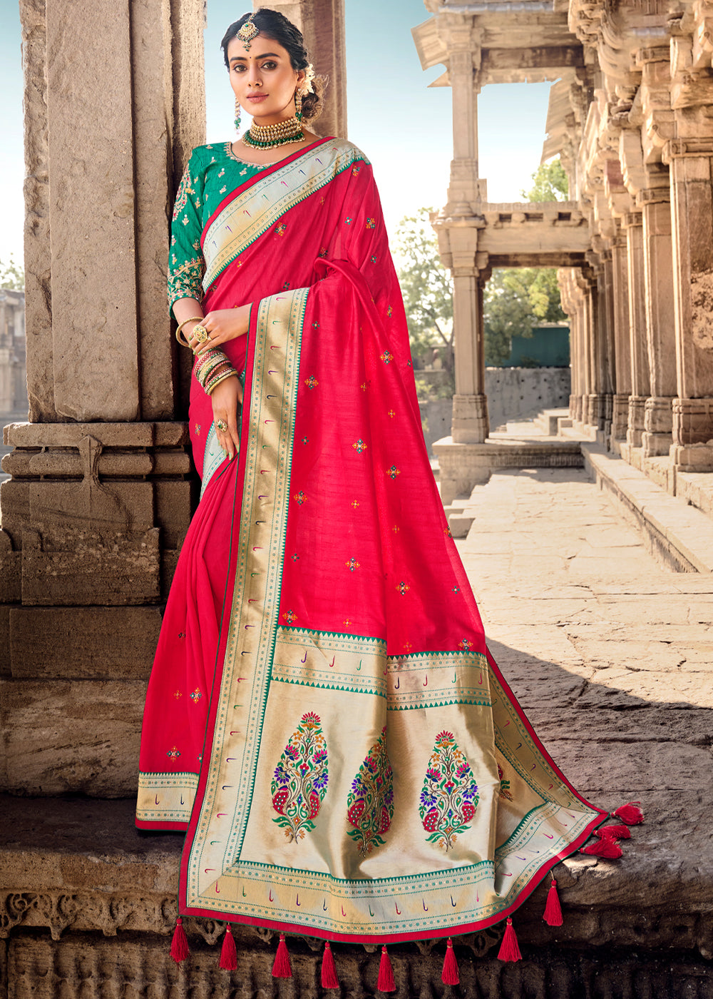 Buy MySilkLove Chilli Red Banarasi Woven Silk Saree with Designer Blouse Online