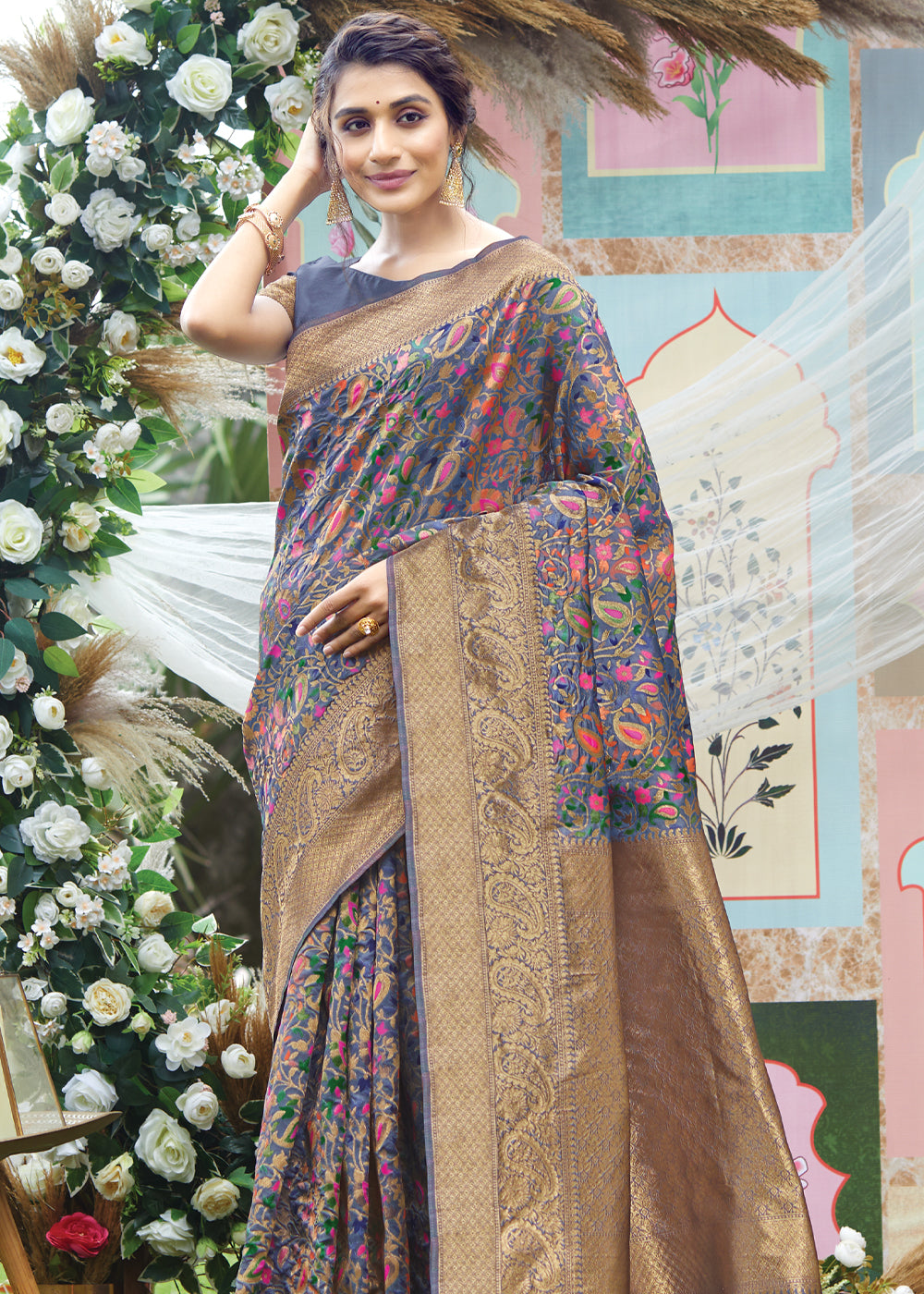 Buy MySilkLove Comet Blue Woven Banarasi Saree with Kashmiri Print Online