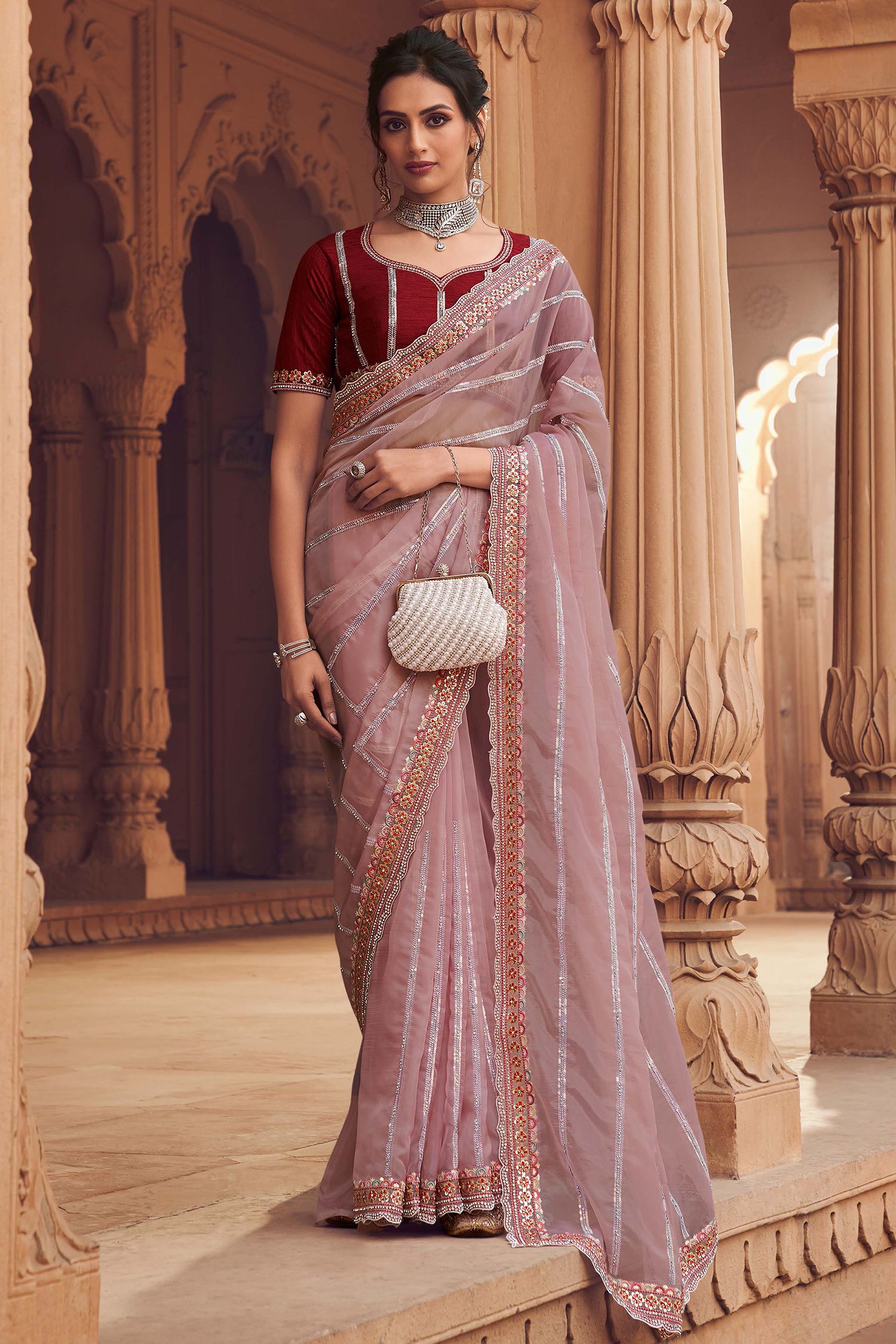 Buy MySilkLove Coral Tree Pink Organza Silk with Embroidered Designer Saree Online