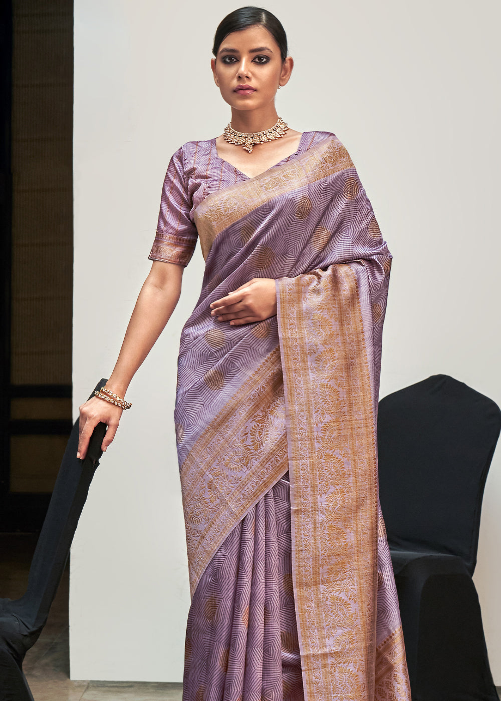 Buy MySilkLove Lilac Luster Purple Banarasi Woven Printed Silk Saree Online