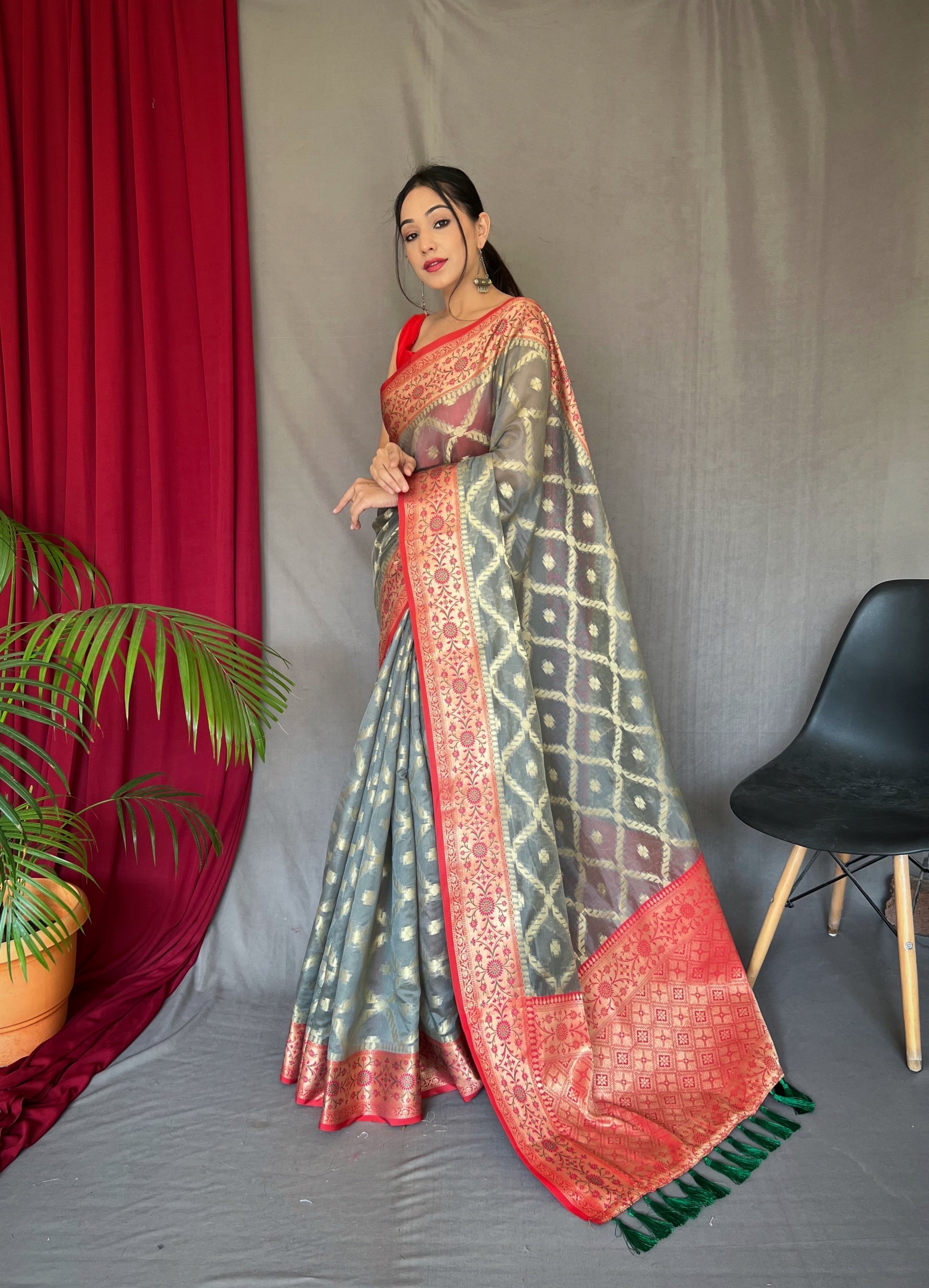 Buy MySilkLove Ash Grey Woven Banarasi Organza Silk Saree Online