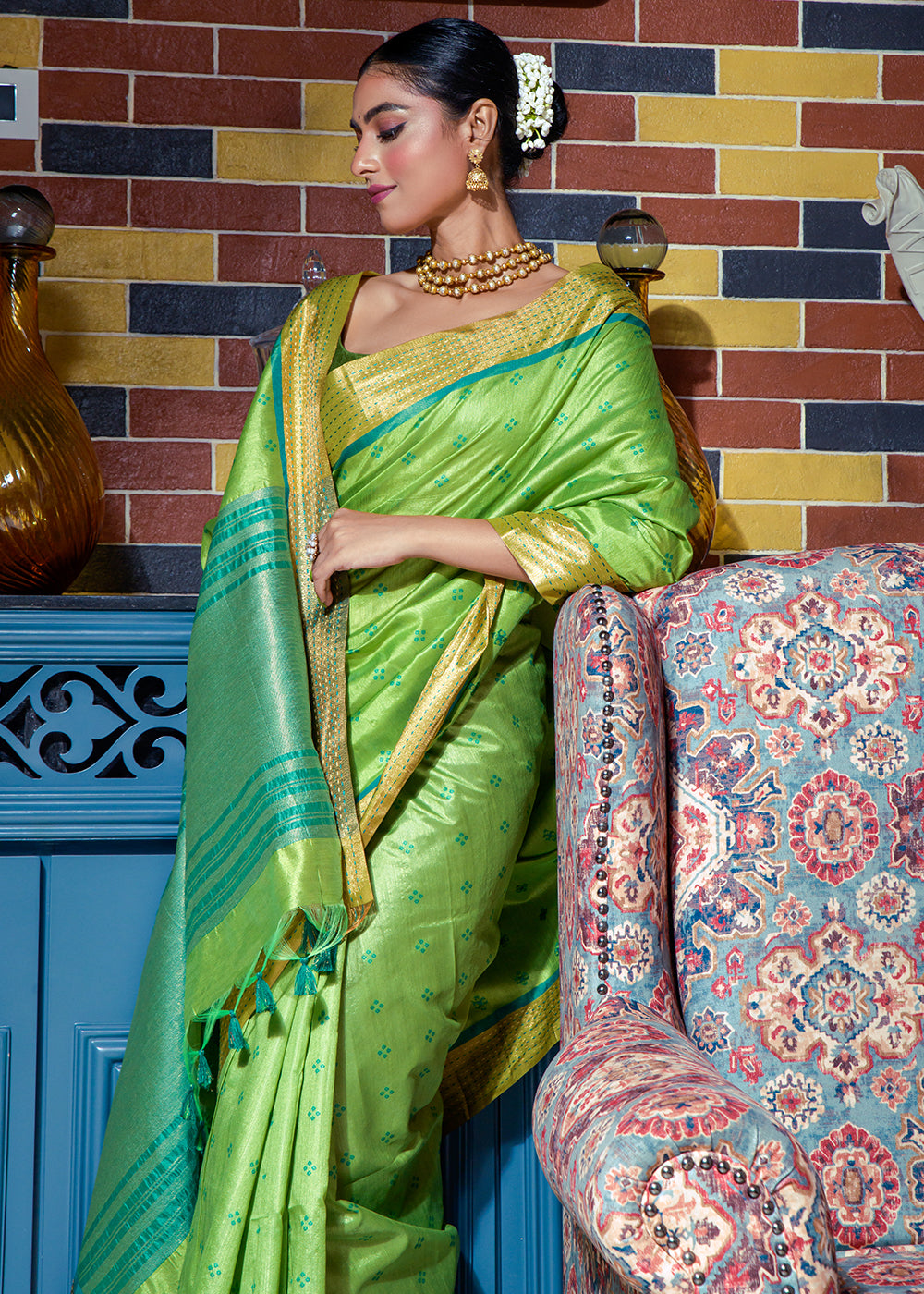 MySilkLove Mantis Green Woven Raw Silk Saree