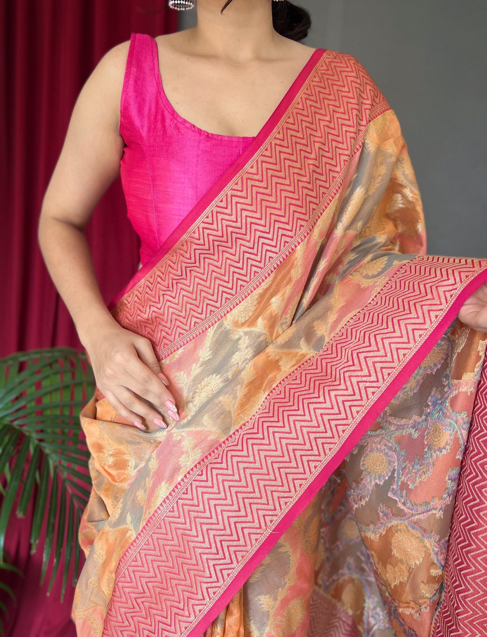 MySilkLove Melon Pink and Orange Woven Organza Silk Saree