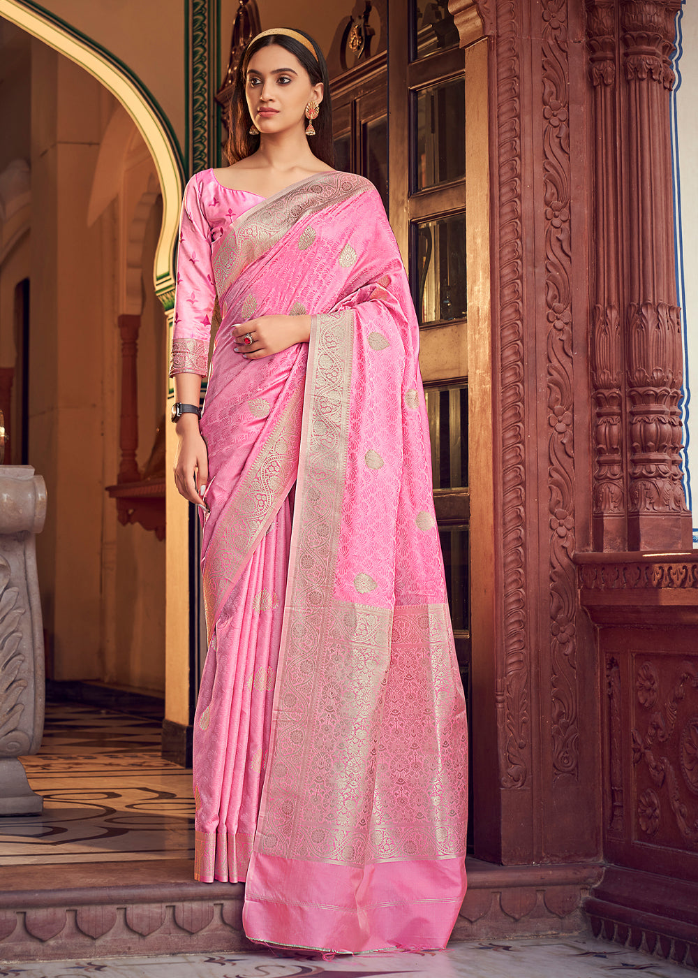 MySilkLove Pink Sherbert Banarasi Woven Satin Silk Saree