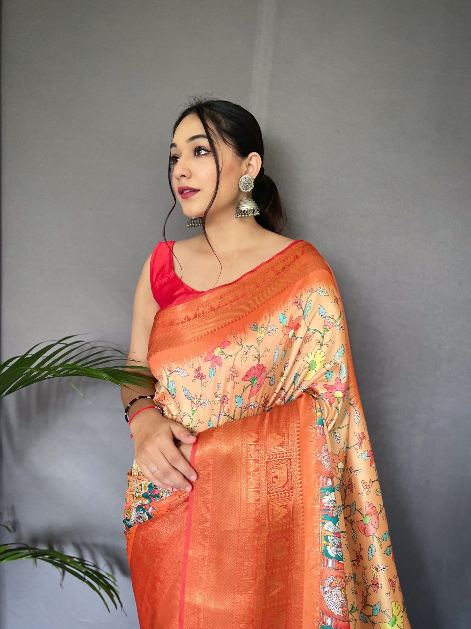 Buy MySilkLove Atomic Tangerine Orange Kalmkari Saree Online