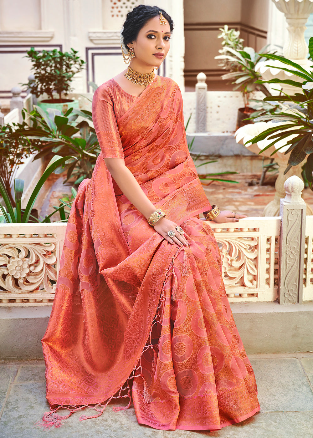 Buy MySilkLove Bittersweet Peach Woven Banarasi Organza Silk Saree Online