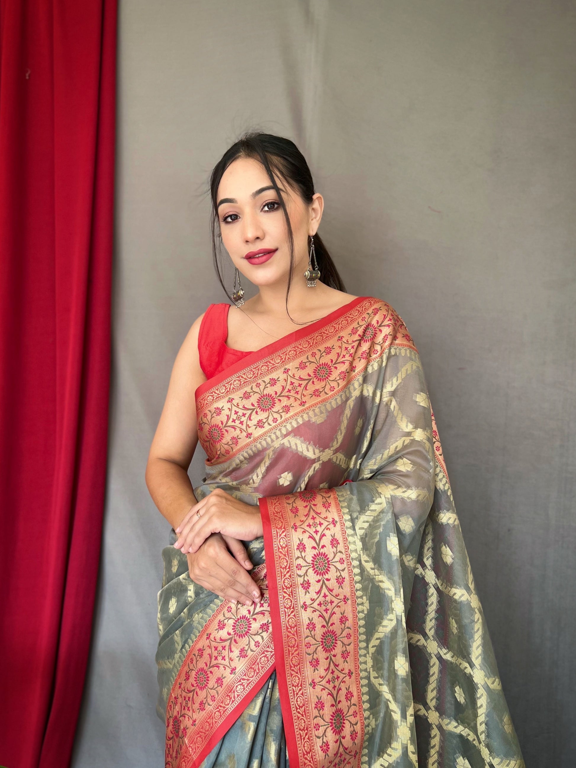 Buy MySilkLove Ash Grey Woven Banarasi Organza Silk Saree Online