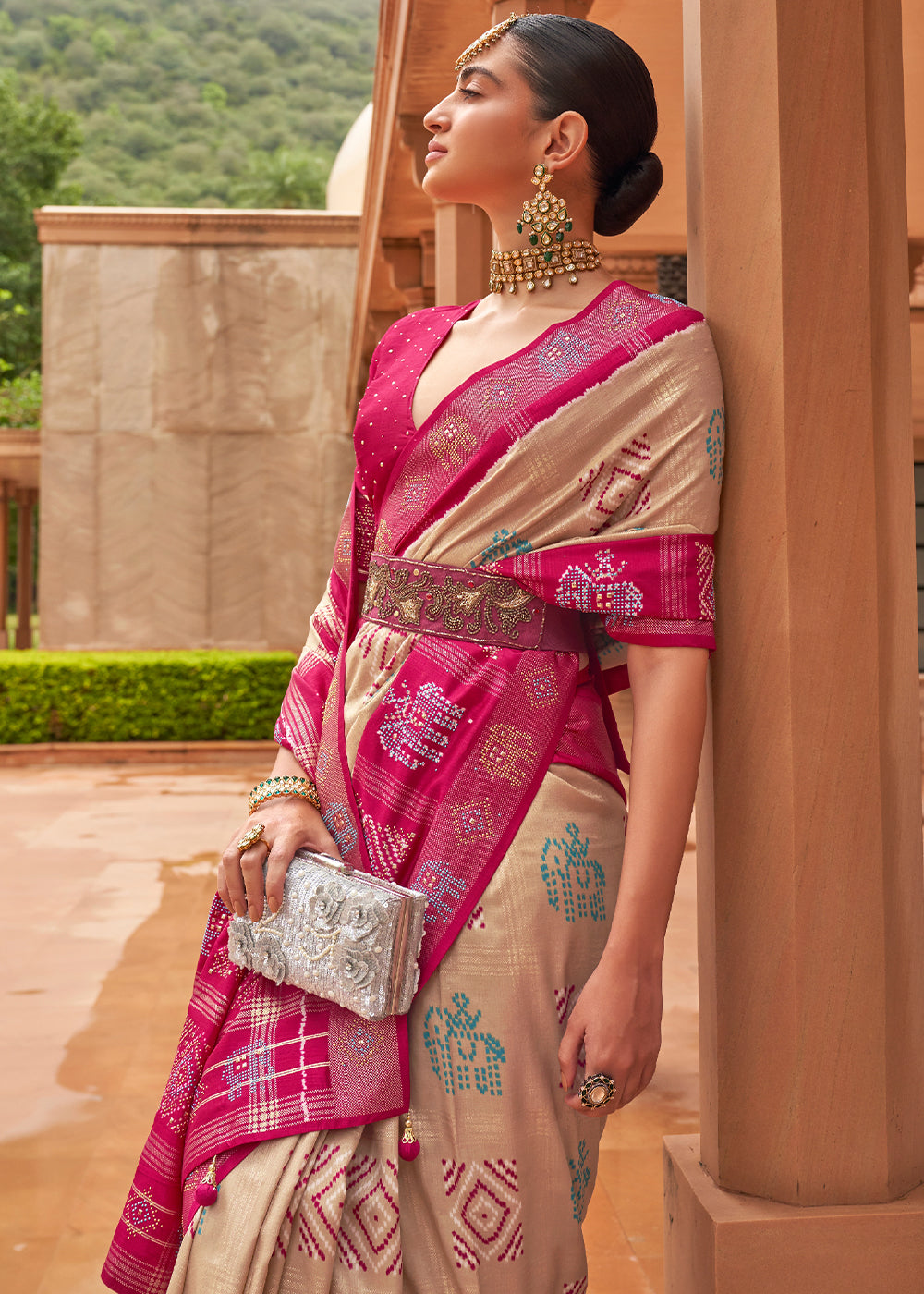 MySilkLove Calico Brown and Pink Patola Silk Saree