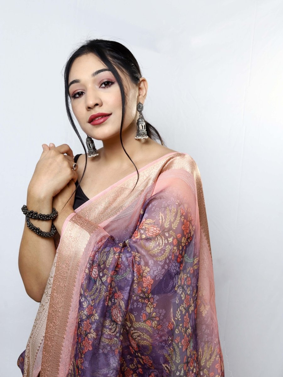 MySilkLove Almond Pink Organza Kalamkari Printed with Sequins Jacquard Woven Saree