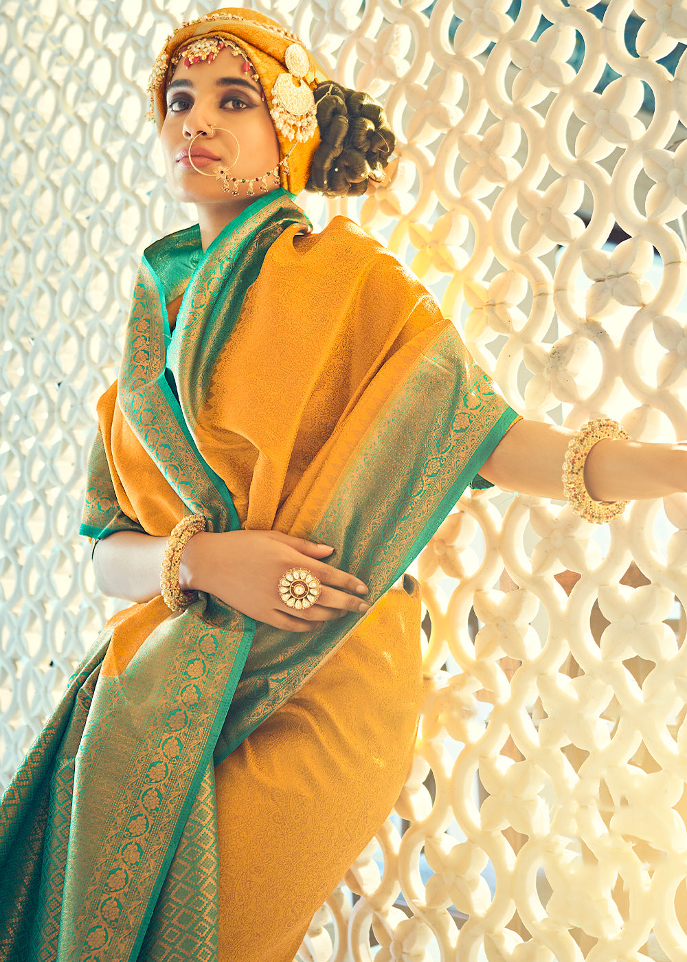 MySilkLove Sunglow Yellow and Green Woven Kanjivaram Silk Saree
