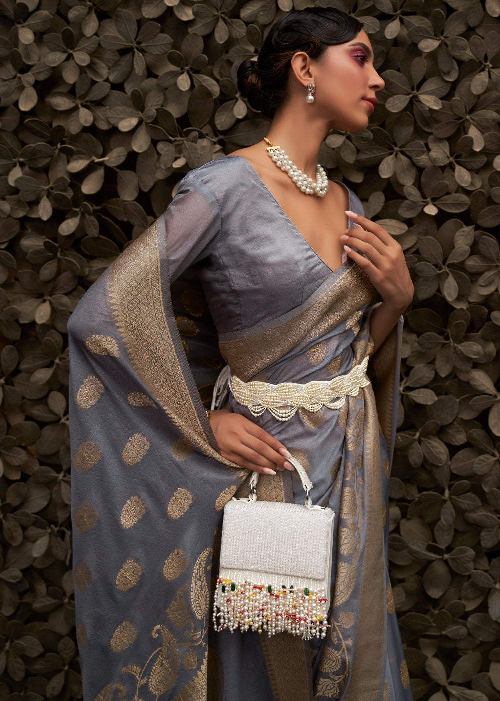 Buy MySilkLove Granite Grey Woven Banarasi Chiffon Saree Online