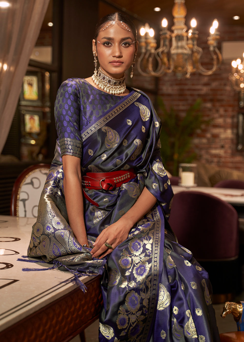 Buy MySilkLove Mulled Wine Blue Banarasi Woven Satin Silk Saree Online