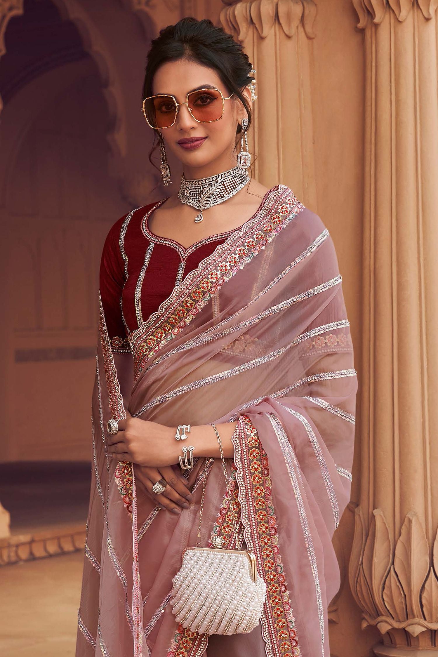 Buy MySilkLove Coral Tree Pink Organza Silk with Embroidered Designer Saree Online