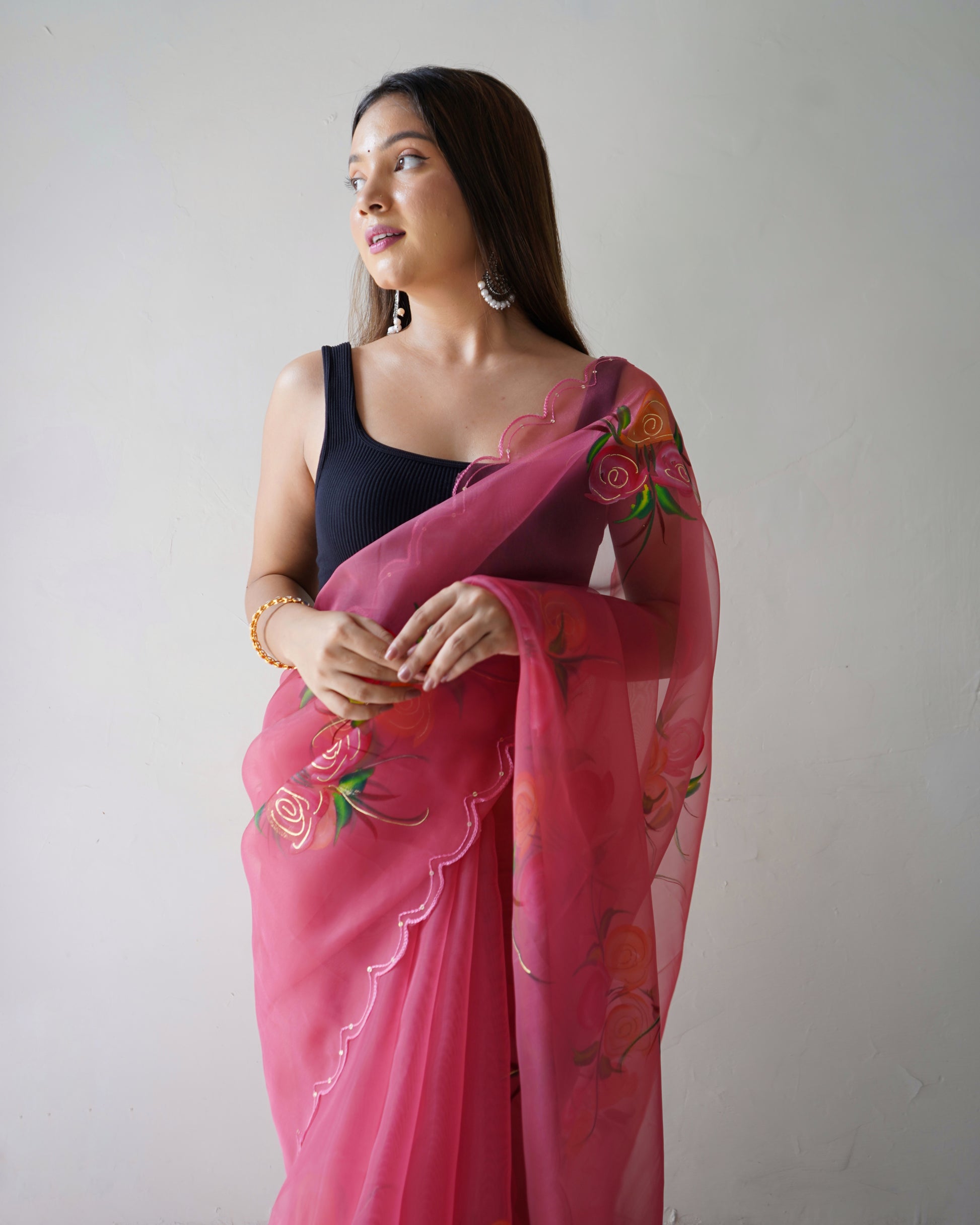 MySilkLove Hopbush Purple Organza Printed Floral Saree