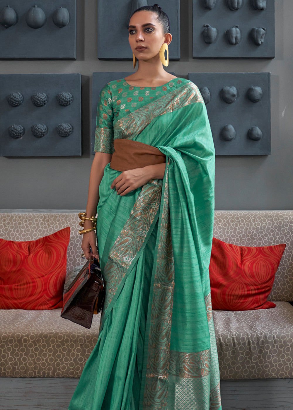 Buy MySilkLove Eucalyptus Green Woven Brocade Tussar Silk Saree Online