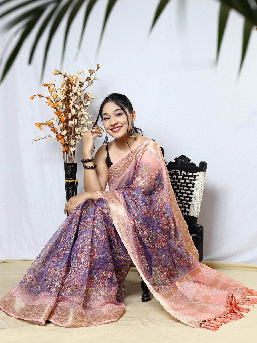 Buy MySilkLove Melanie Lavender Organza Kalamkari Printed with Sequins Jacquard Woven Saree Online