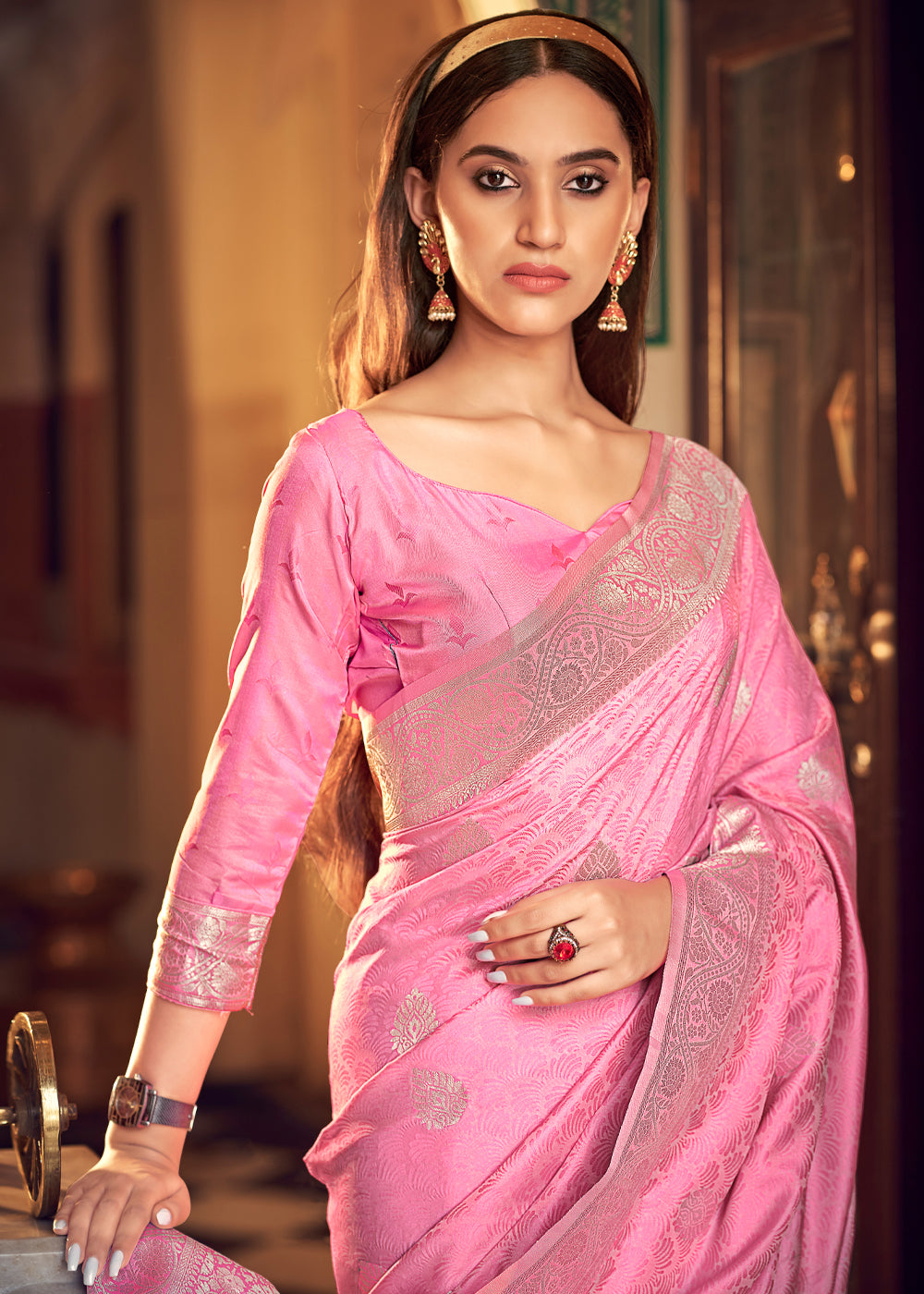 Buy MySilkLove Pink Sherbert Banarasi Woven Satin Silk Saree Online