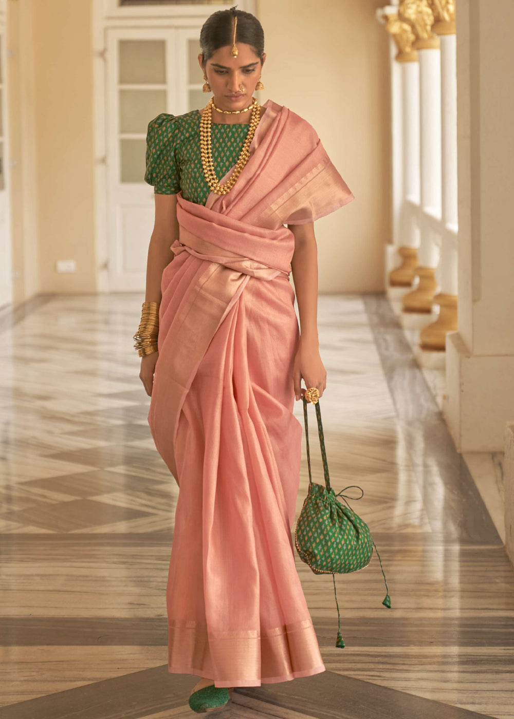 Buy MySilkLove Wax Flower Pink and Green Organza Silk Saree Online