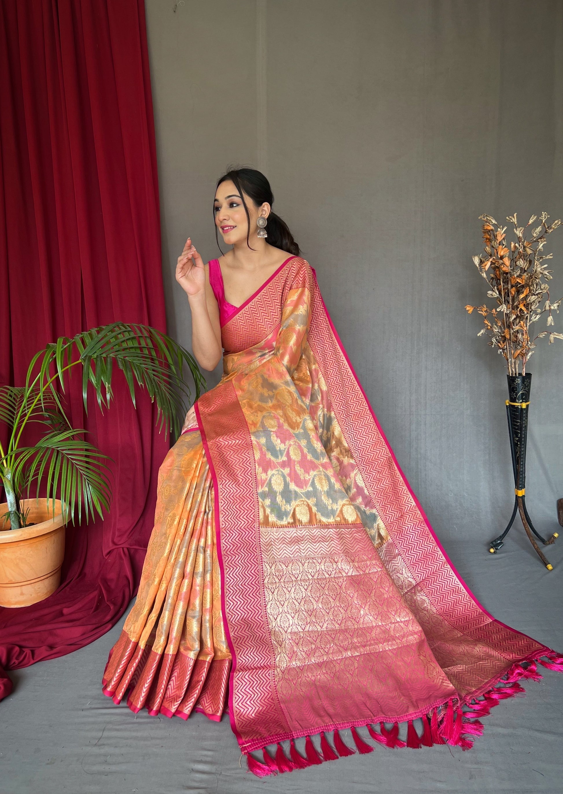 Buy MySilkLove Melon Pink and Orange Woven Organza Silk Saree Online