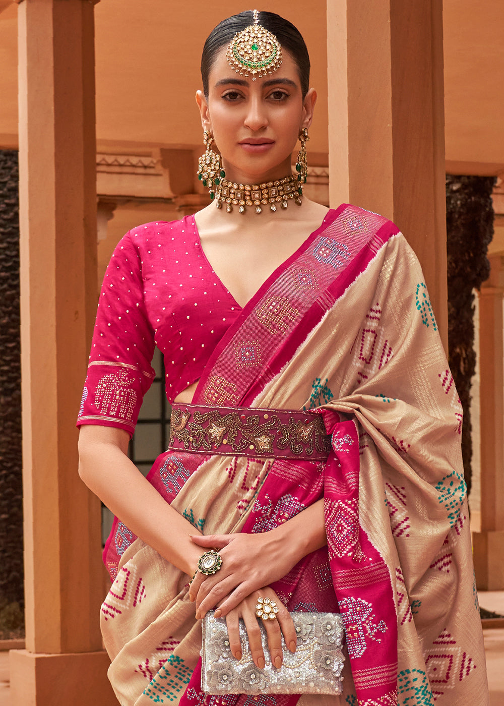 Buy MySilkLove Calico Brown and Pink Patola Silk Saree Online