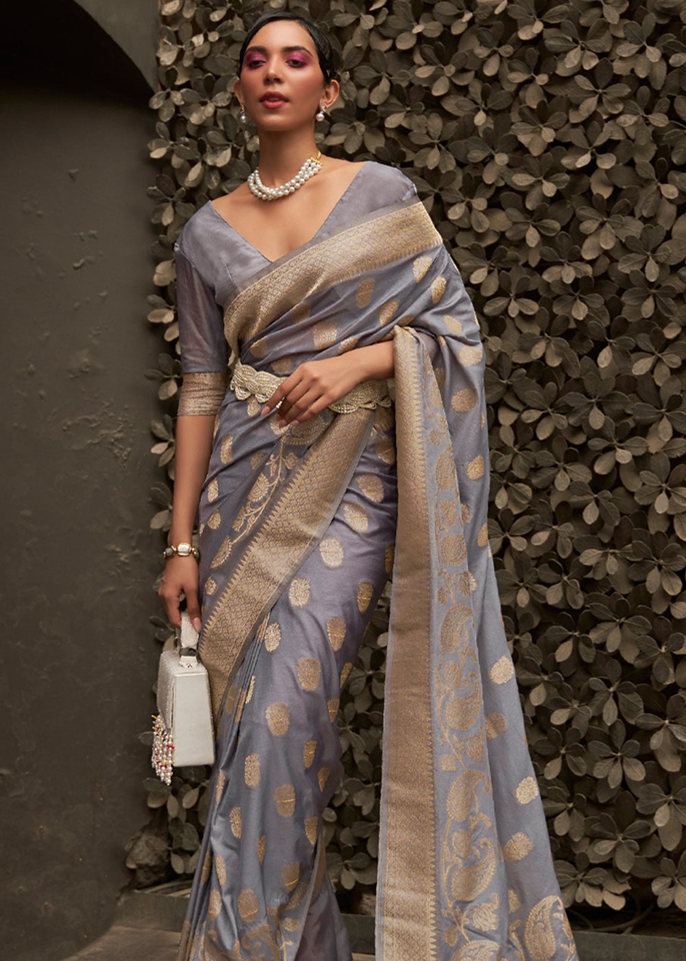 Buy MySilkLove Granite Grey Woven Banarasi Chiffon Saree Online