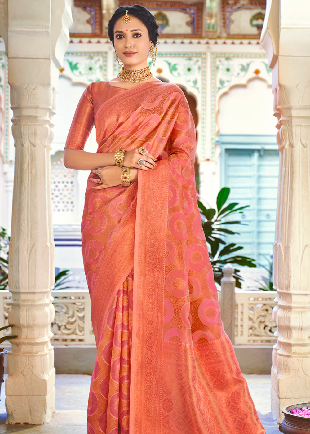 Buy MySilkLove Bittersweet Peach Woven Banarasi Organza Silk Saree Online