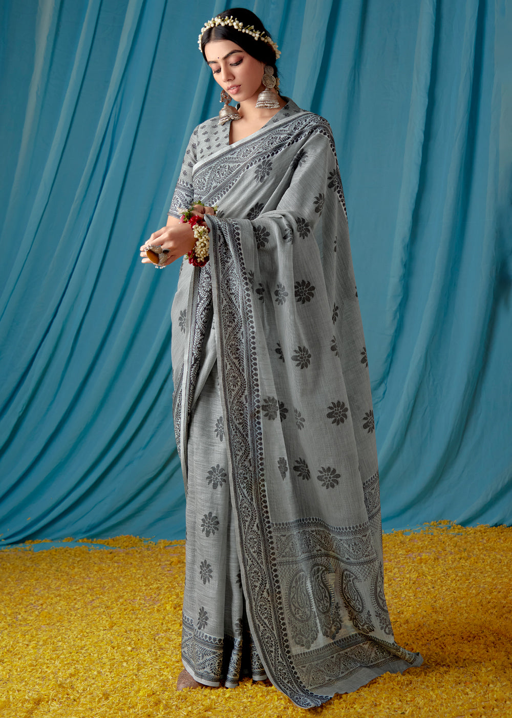 Buy MySilkLove Willow Grove Grey Woven Banarasi Linen Silk Saree Online