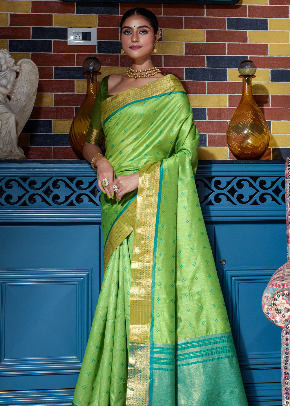 Buy MySilkLove Mantis Green Woven Raw Silk Saree Online