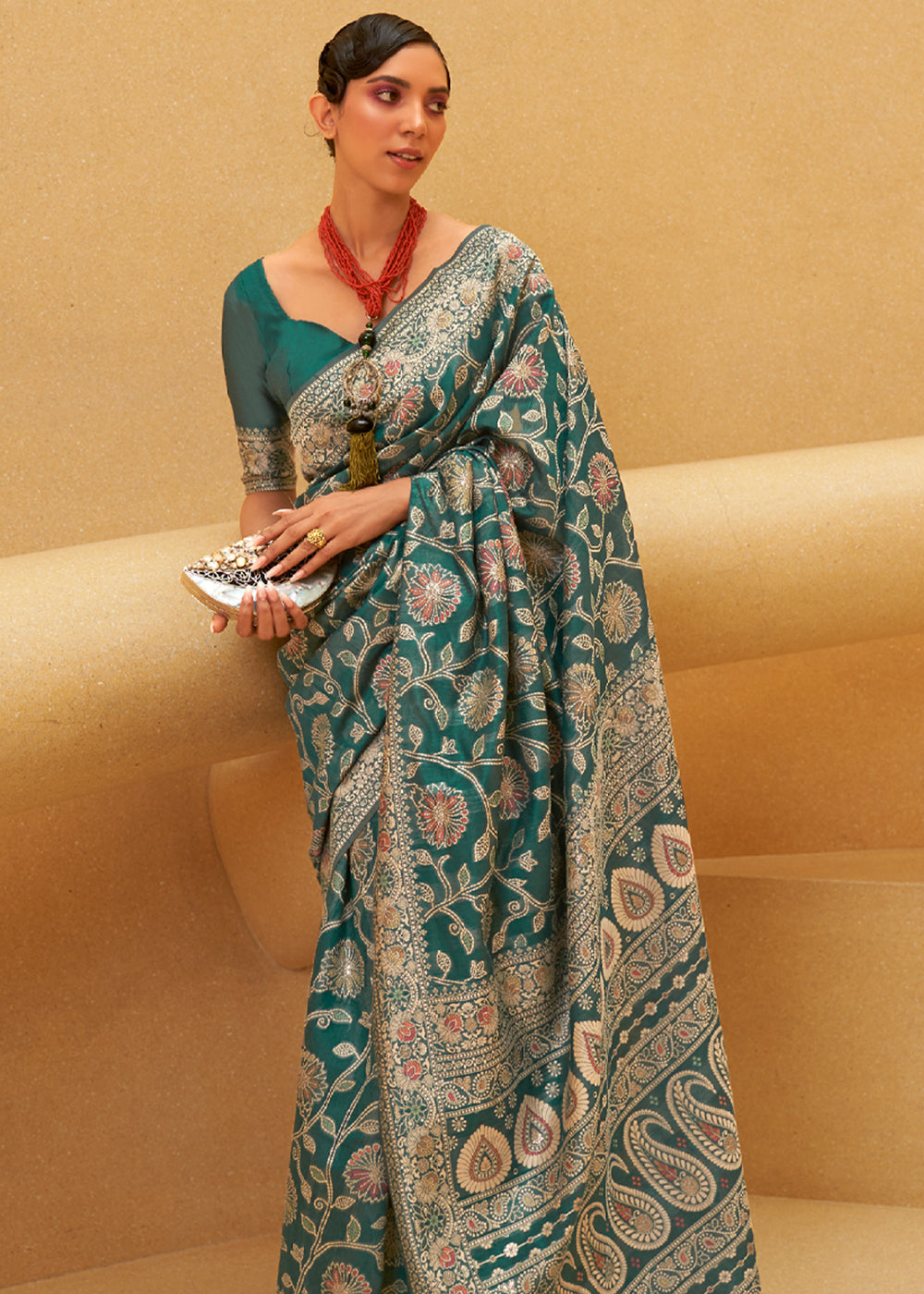 Buy MySilkLove Plantation Green Woven Lucknowi Banarasi Saree Online