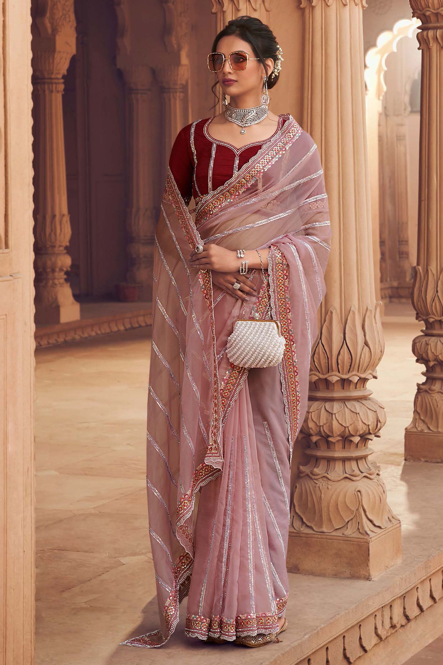 Buy MySilkLove Coral Tree Pink Organza Silk with Embroidered Designer Saree Online