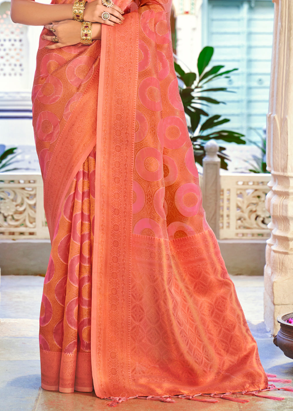 Buy MySilkLove Bittersweet Peach Woven Banarasi Organza Silk Saree Online