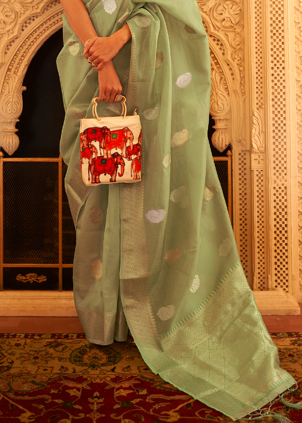 Buy MySilkLove Misty Green Zari Woven Tissue Silk Saree Online