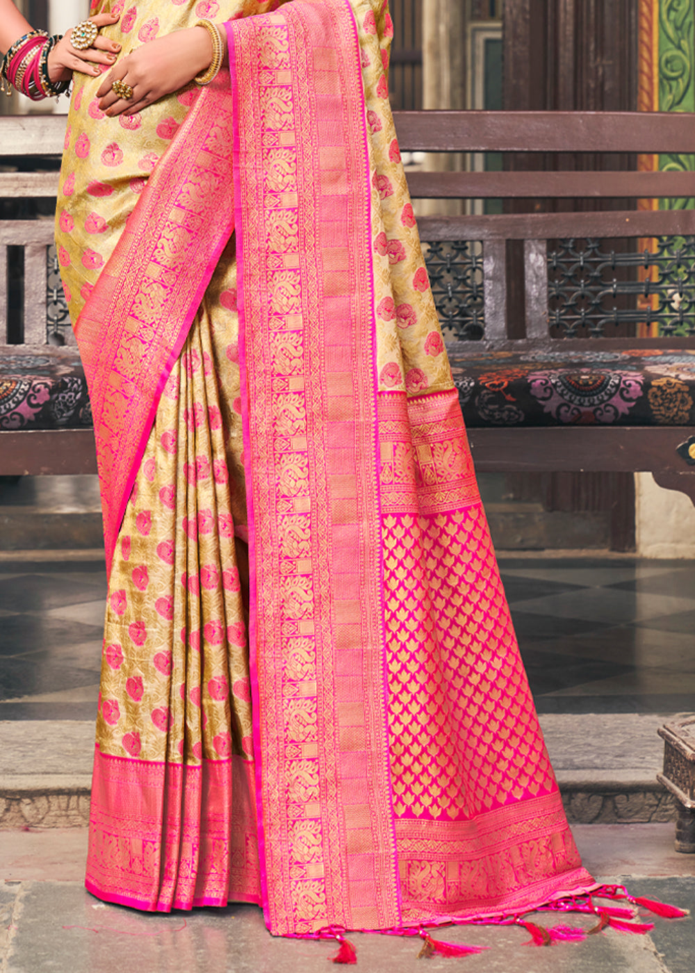 Buy MySilkLove Drover Yellow and Pink Woven Kanjivaram Silk Saree Online