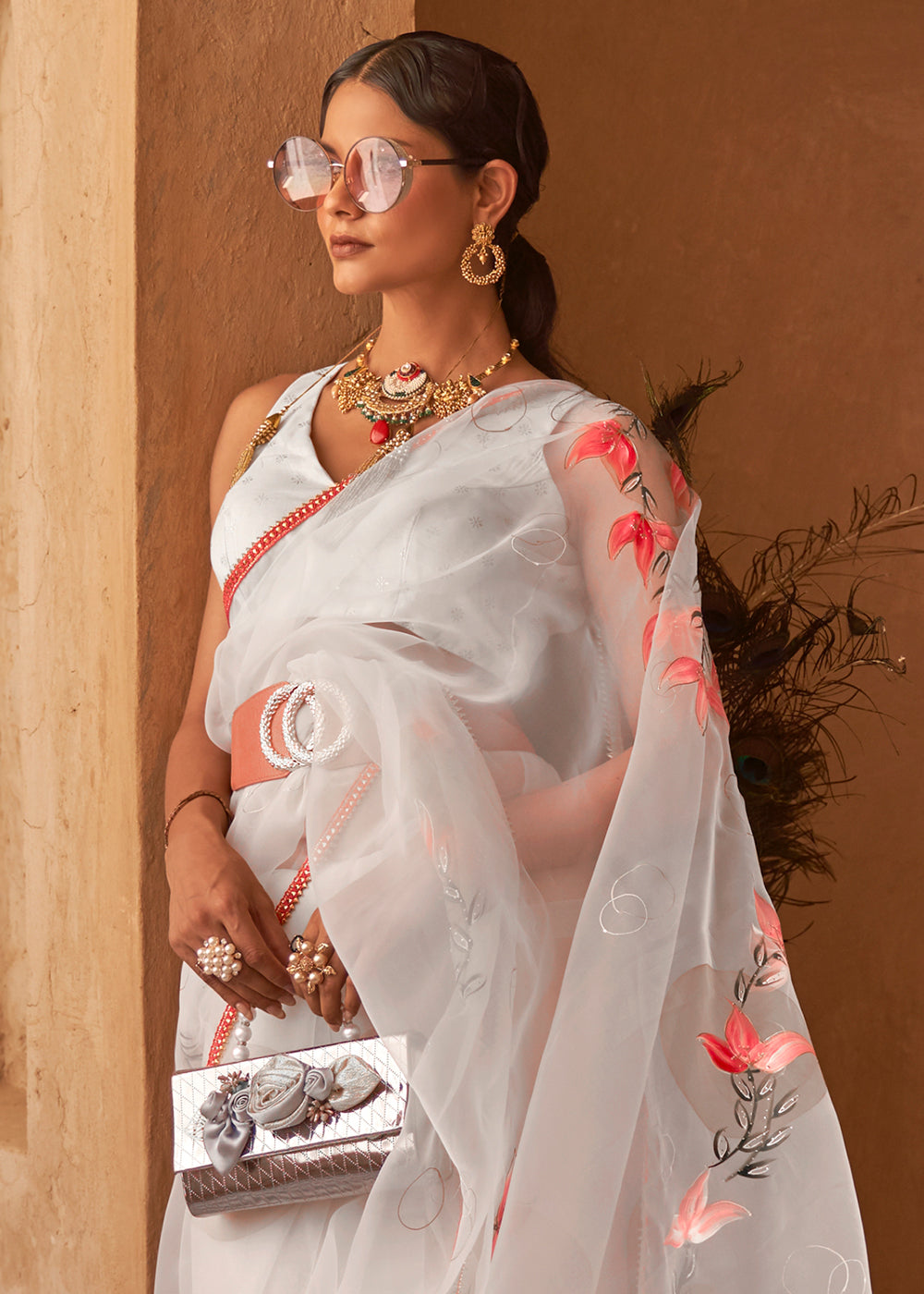 Buy MySilkLove Foggy Grey Digital Print Organza Saree Online