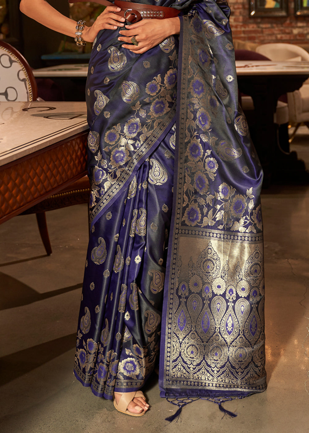 Buy MySilkLove Mulled Wine Blue Banarasi Woven Satin Silk Saree Online